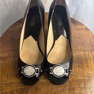 Michael Kors Black Peep Toe Heels with Silver Accent